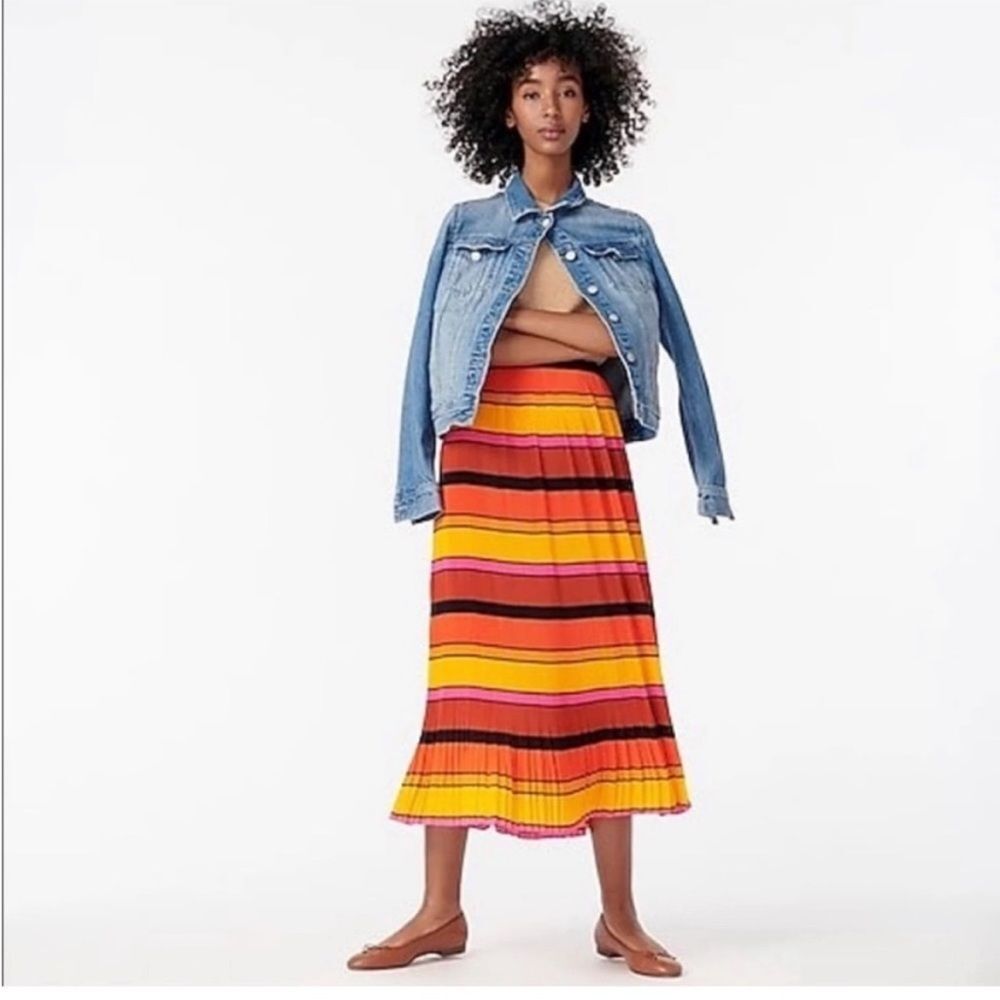NEW J. Crew Straight Pleat Skirt in Multi Stripe Orange Yellow Size 0